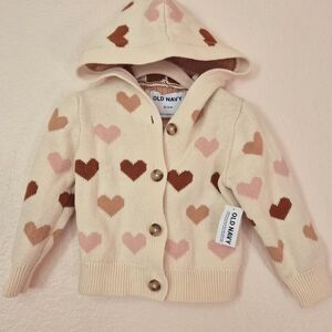 Old Navy Cream and Brown Heart Hooded Cardigan